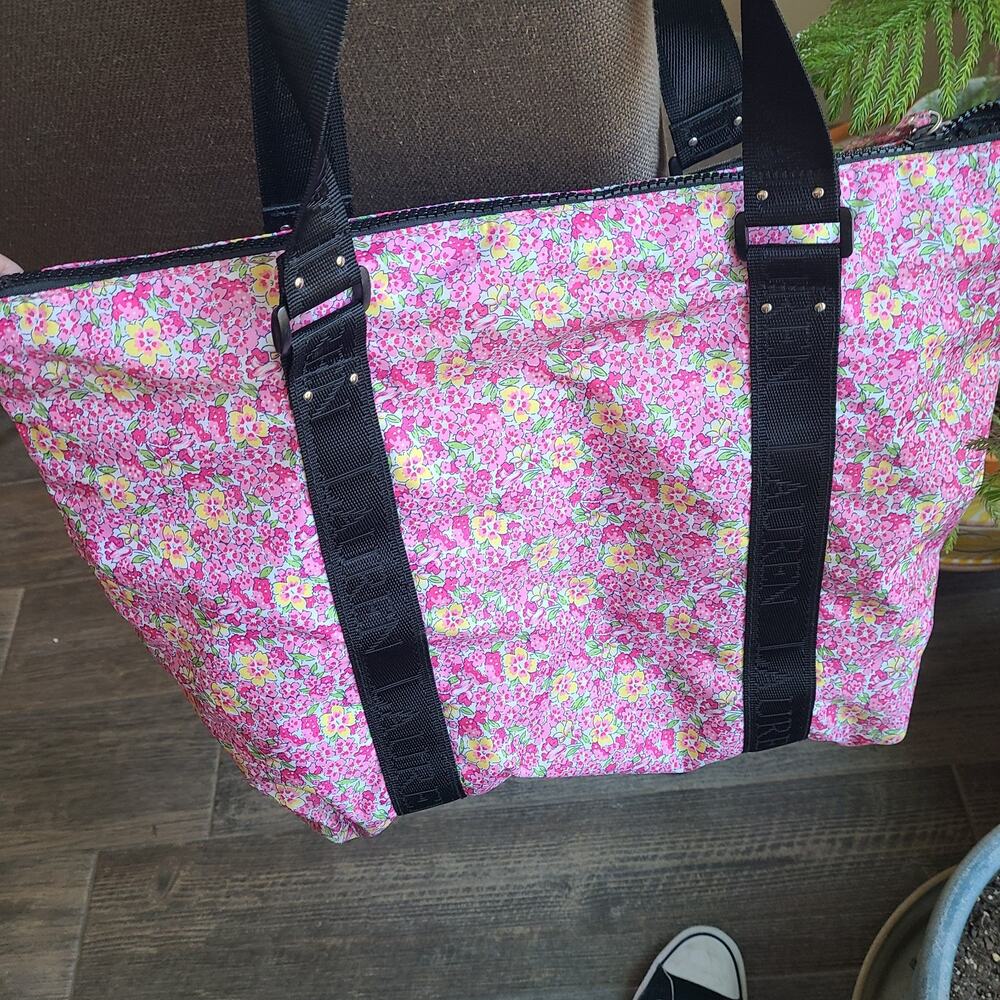 LAUREN‎ Ralph Lauren Large Pink Floral Nylon Travel Tote Beach Black Bag Purse - Picture 5 of 10